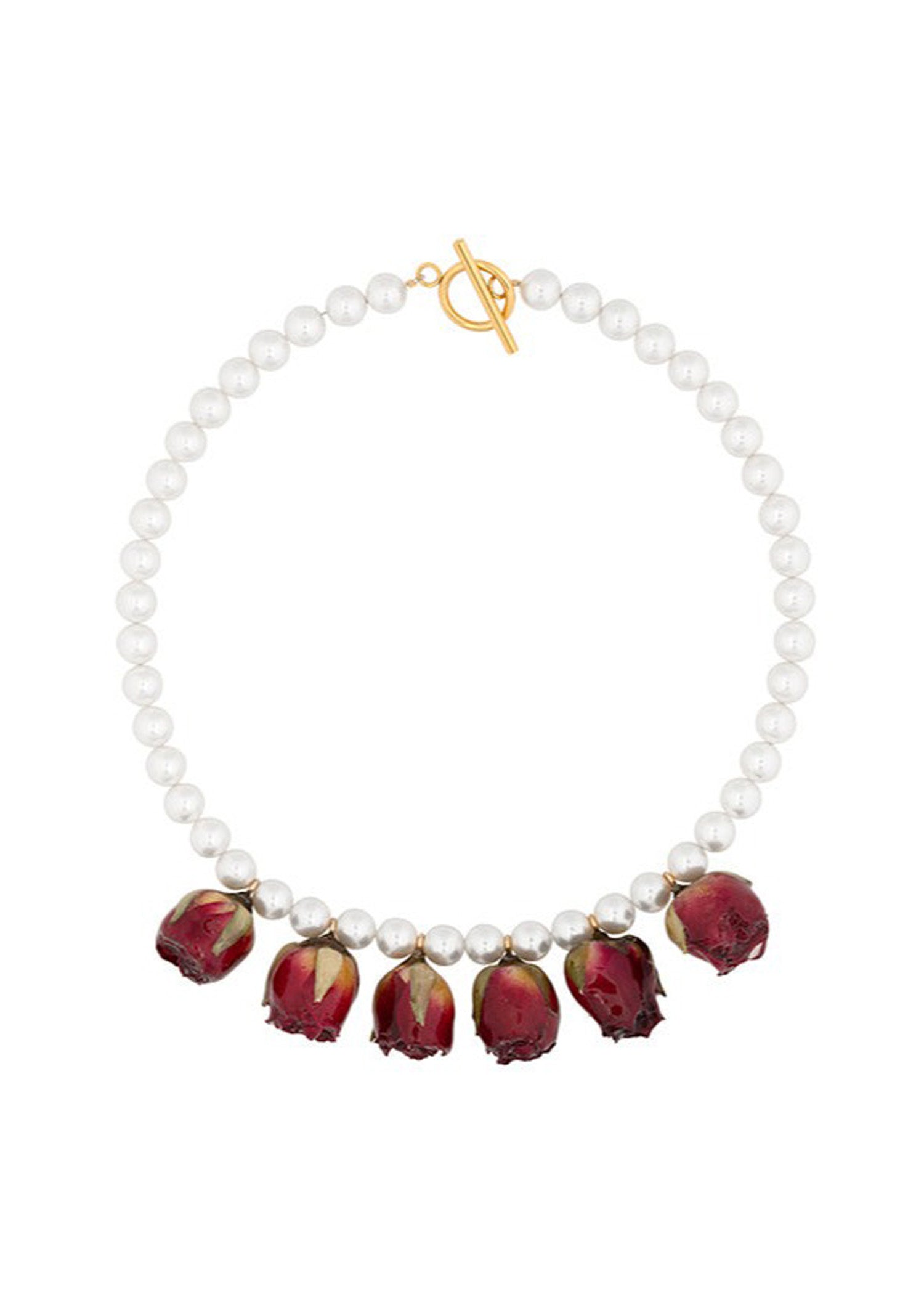 Glass Swarovski pearl and vampire rosebud single-strand necklace with gold toggle clasp.