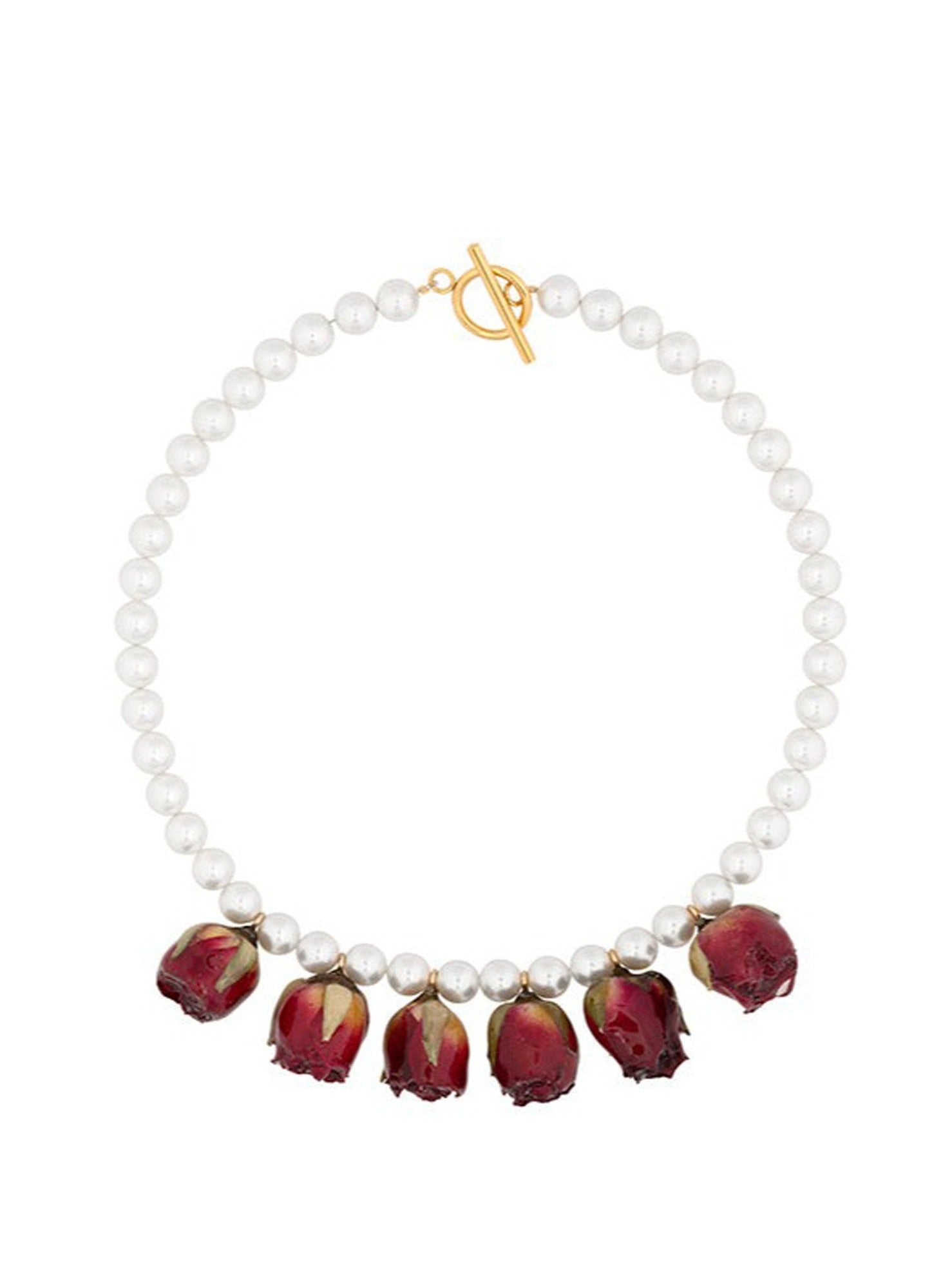 Glass Swarovski pearl and vampire rosebud single-strand necklace with gold toggle clasp.