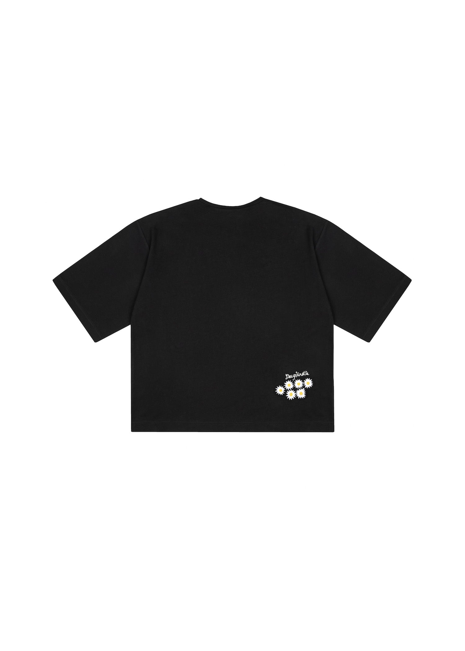 Black Oversized heavyweight boxy tee embroidered with our signature cherubs and daisies. Based on an illustration by designer Olivia Cheng.
