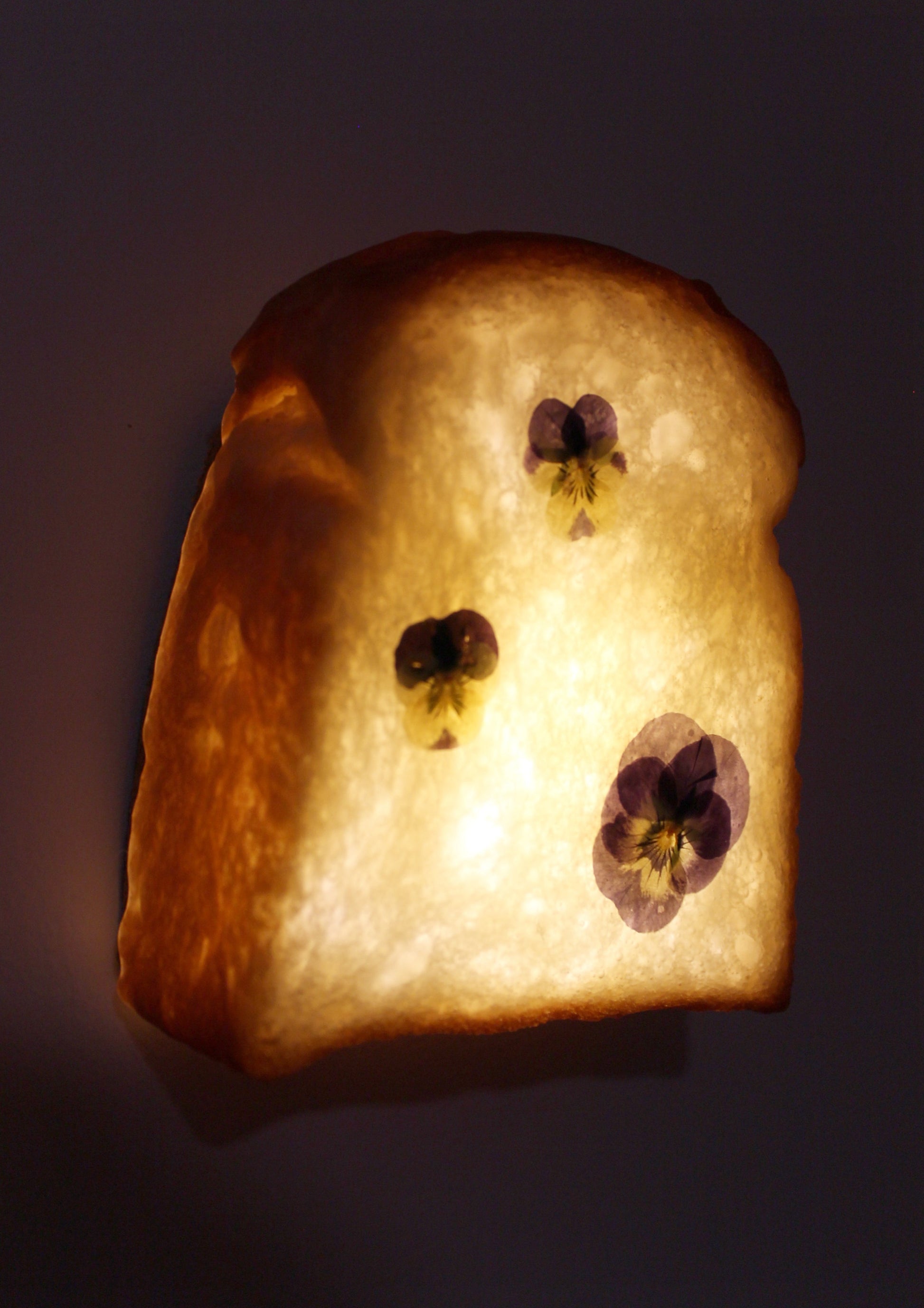 A bread lamb with three purple and yellow pansies crafted from real, surplus bread that would otherwise be discarded-- baked, hollowed, and reimagined into a delightful lamp in Japan. Coated in an anti-bacterial and anti-fungal, eco-friendly resin.