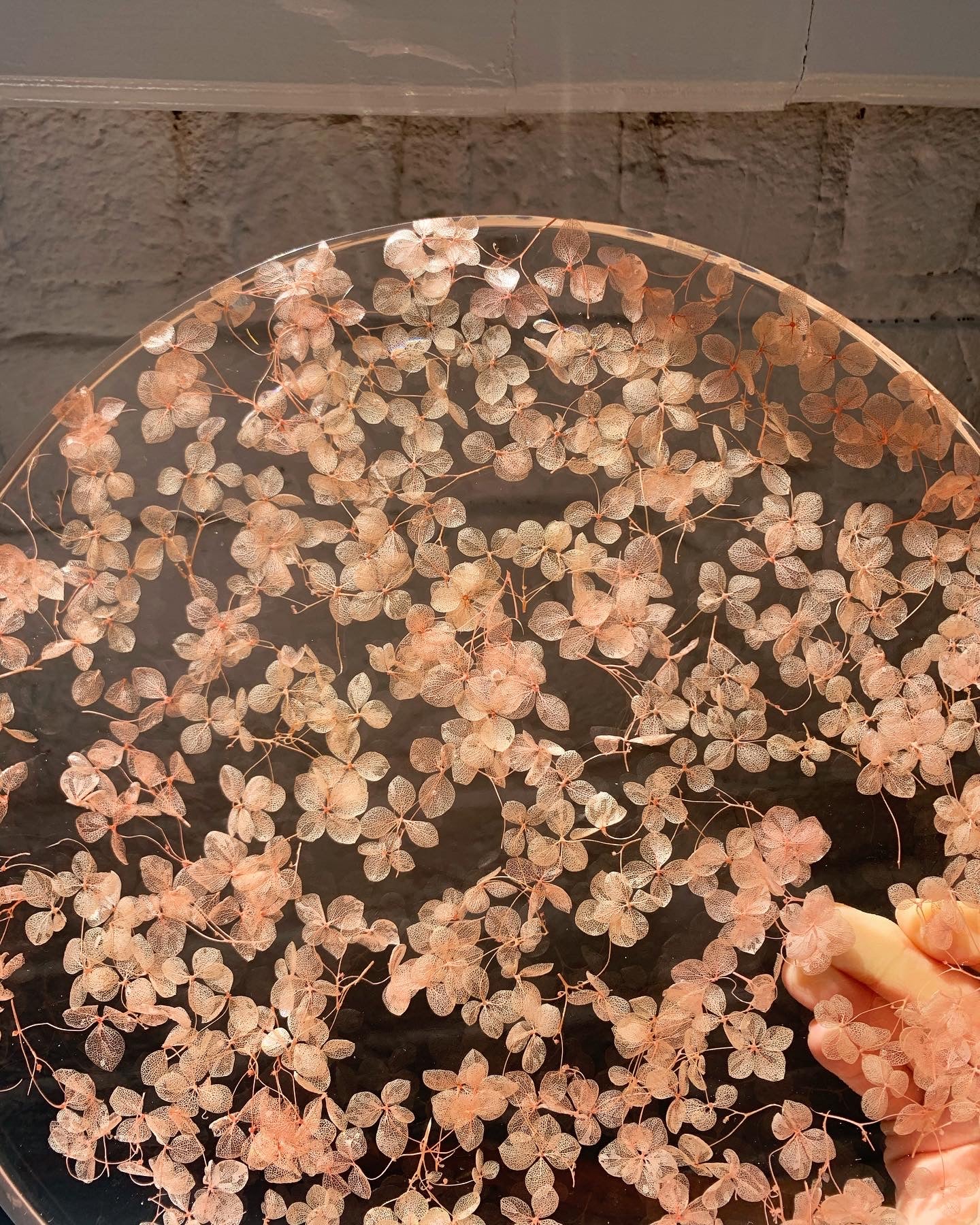 Hundreds of rosy hydrangeas sit suspended in transparent resin. A durable-yet-whimsical addition to your home decor. Serve cocktails, use as a vanity tray, or simply display as an incredible objet d'art.