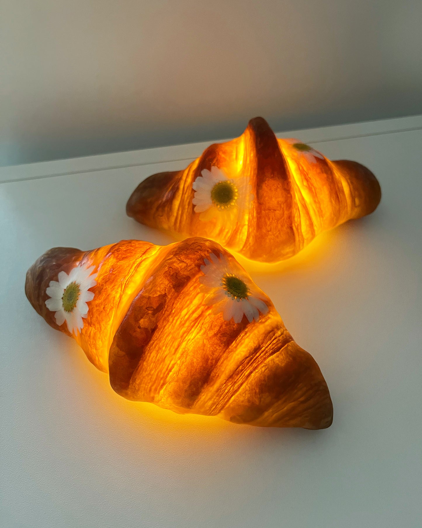 Lit up Eco Resin coated Croissant Lamps with Daisy Flowers