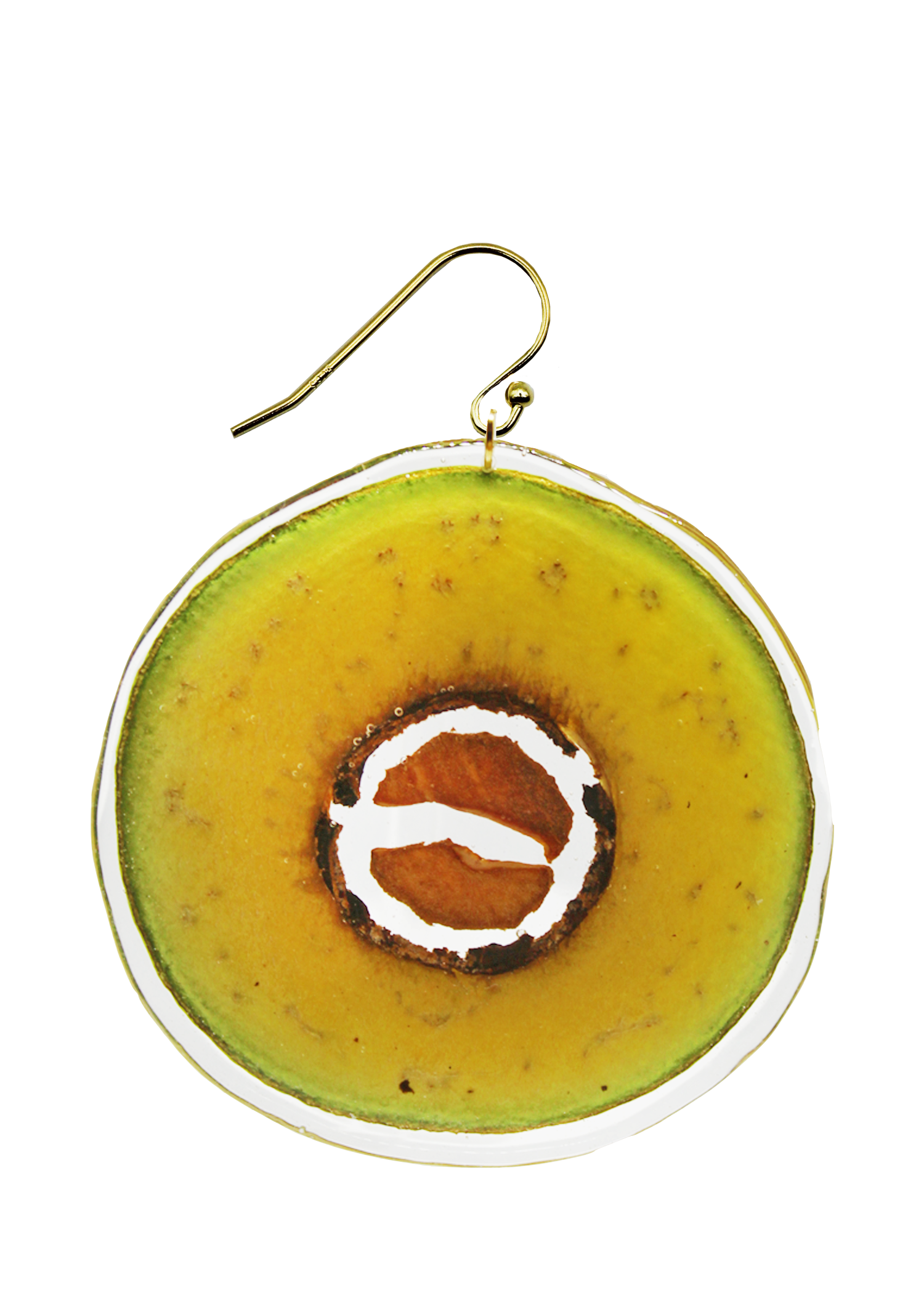 Resin Coated Circular Slice of Avocado with Partial Pit on a French Hook Earring