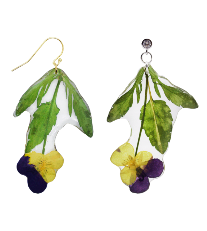 Resin Coated Yellow and Purple Pansy with a Green Stem on a French Hook or Stud Earring