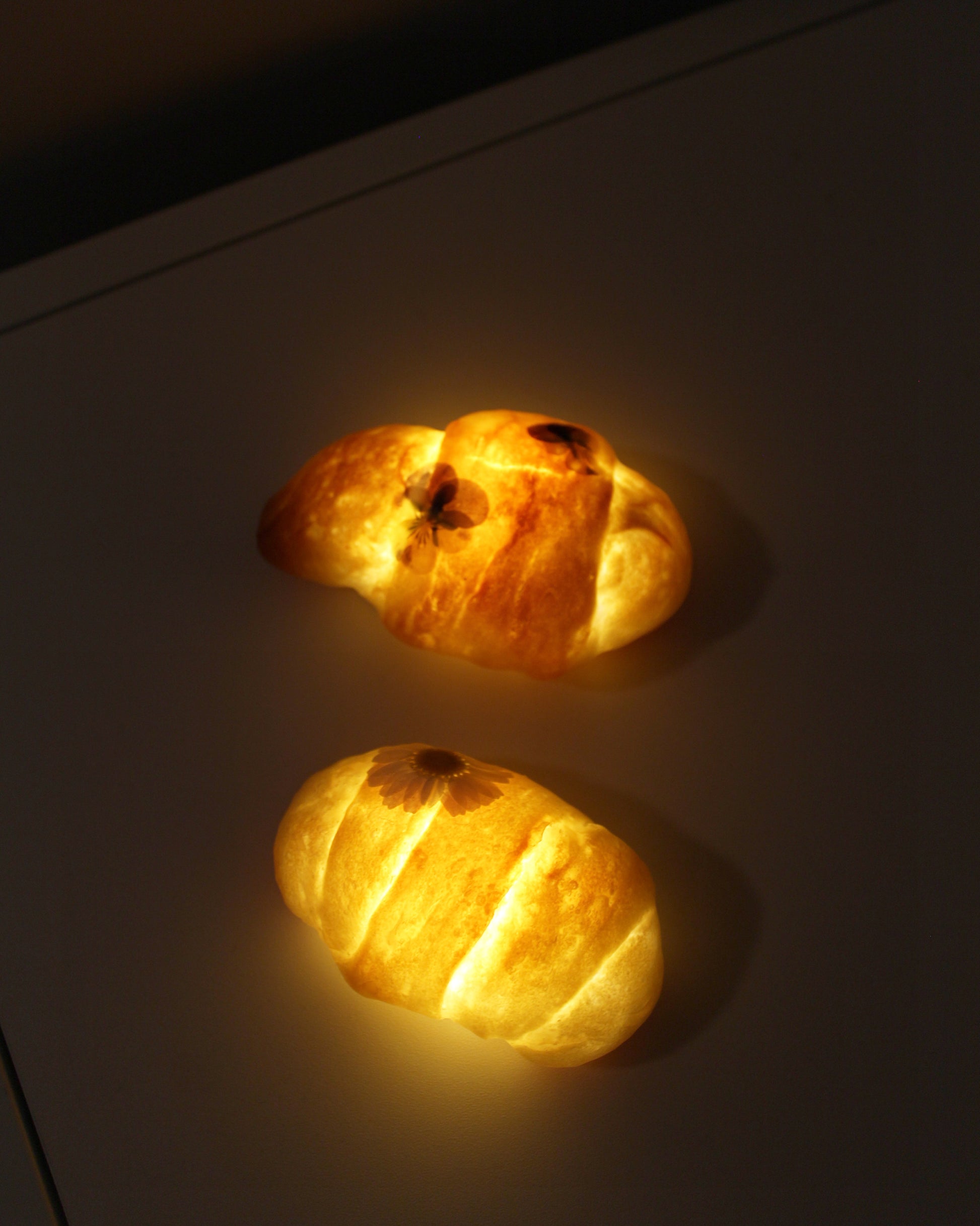 A mini bread roll lamp with daisies adorning it. Crafted from real, surplus bread that would otherwise be discarded-- baked, hollowed, and reimagined into a delightful lamp in Japan. Coated in an anti-bacterial and anti-fungal, eco-friendly resin.
