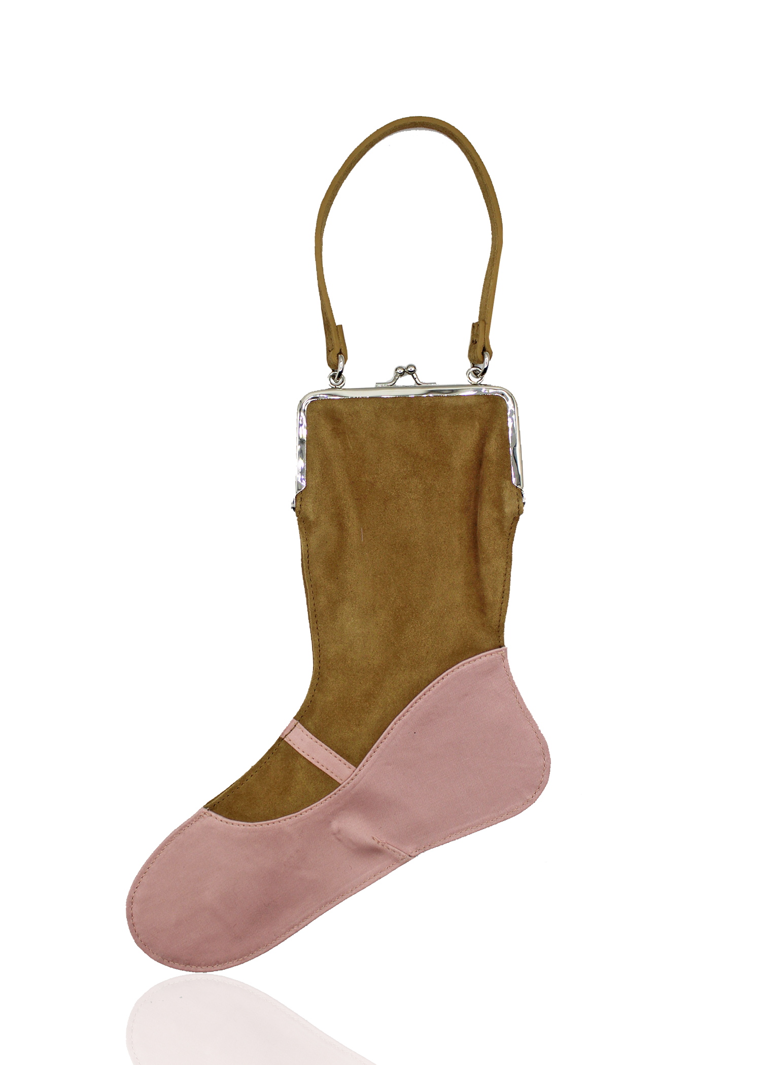 Tan suede and slipper pink cotton twill ballerina slipper bag with silver bag clasp.