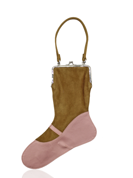 Tan suede and slipper pink cotton twill ballerina slipper bag with silver bag clasp.