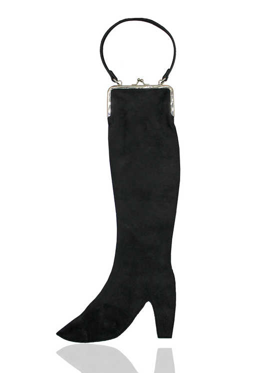 Black nubuck boot-shaped bag  with seamed cap toe and silver bag clasp.
