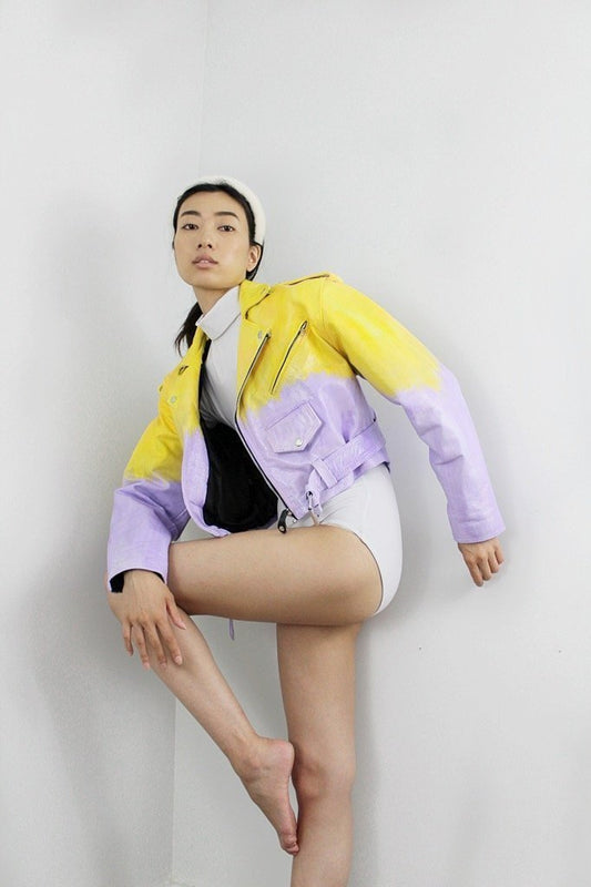 Vintage leather jacket, painted in wide strokes of yellow and lilac paint. Hand-mixed to vary in tone and intensity