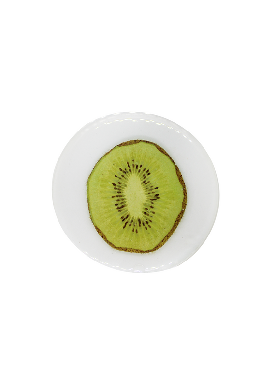 Round resin coaster featuring a suspended kiwi slice.