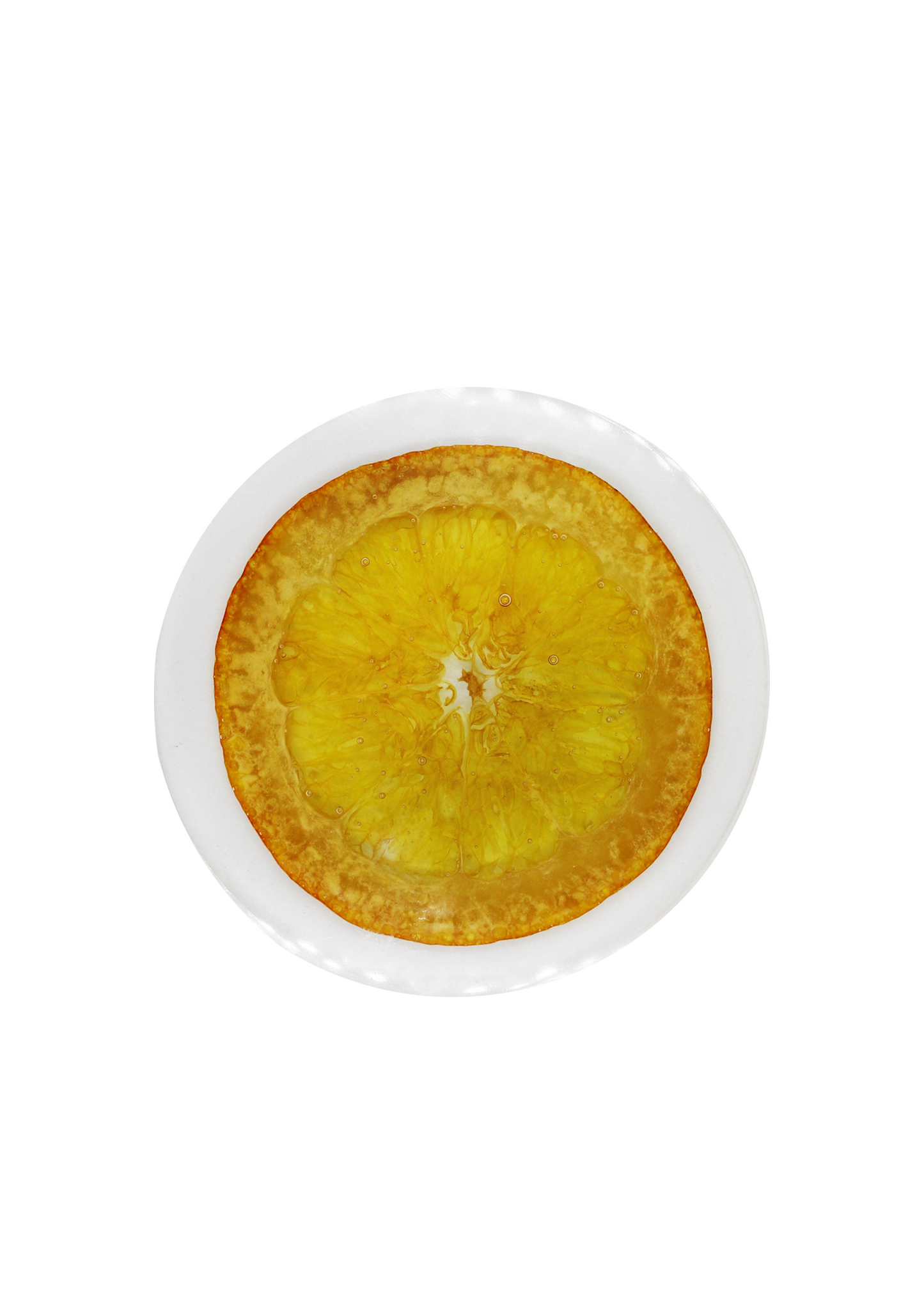 Round resin coaster featuring a suspended orange slice.
