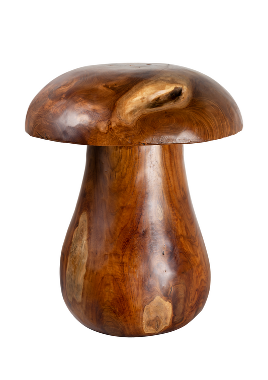 dark wood stool in the shape of a mushroom