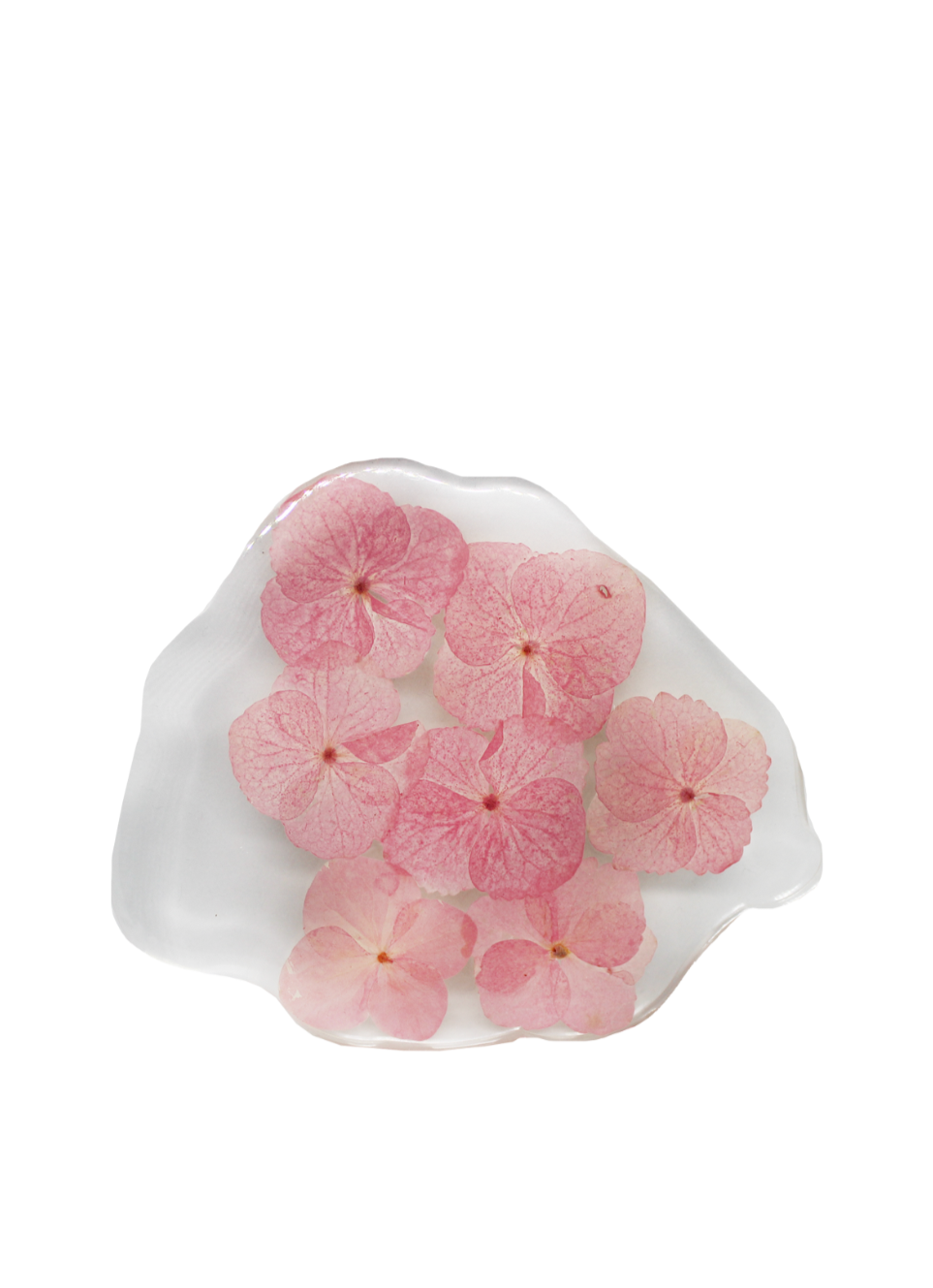 A handful of blush pink hydrangeas sit suspended in this cloud-shaped coaster.