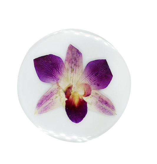 Round resin coaster featuring a suspended orchid.