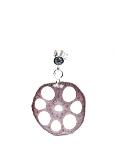 Resin Coated Slice of Lavender Lotus Root on a Silver Stud Earring