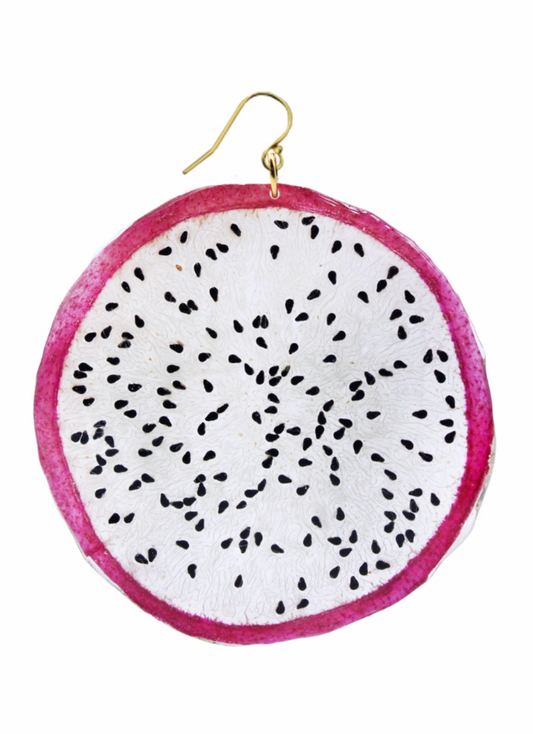 Resin Coated Circular Slice of Dragon Fruit on a French Hook Earring. It has a pink Trim with a white center and black Seeds.