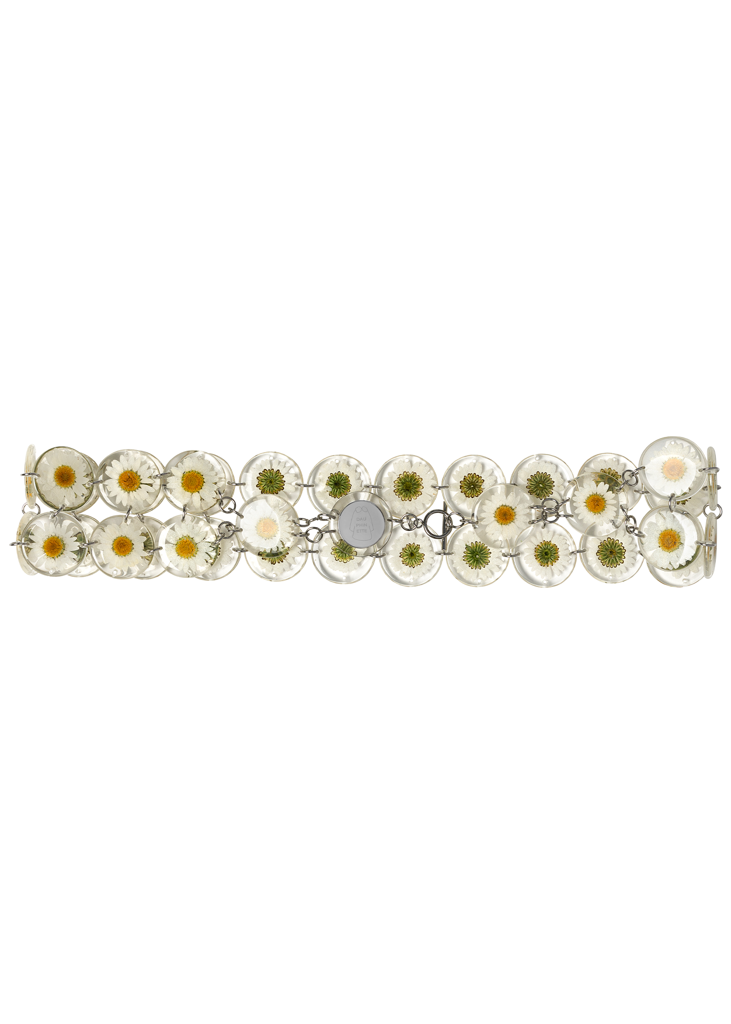 Chainmaille belt made of two rows of daisies preserved in round resin charms connected by silver jump rings.