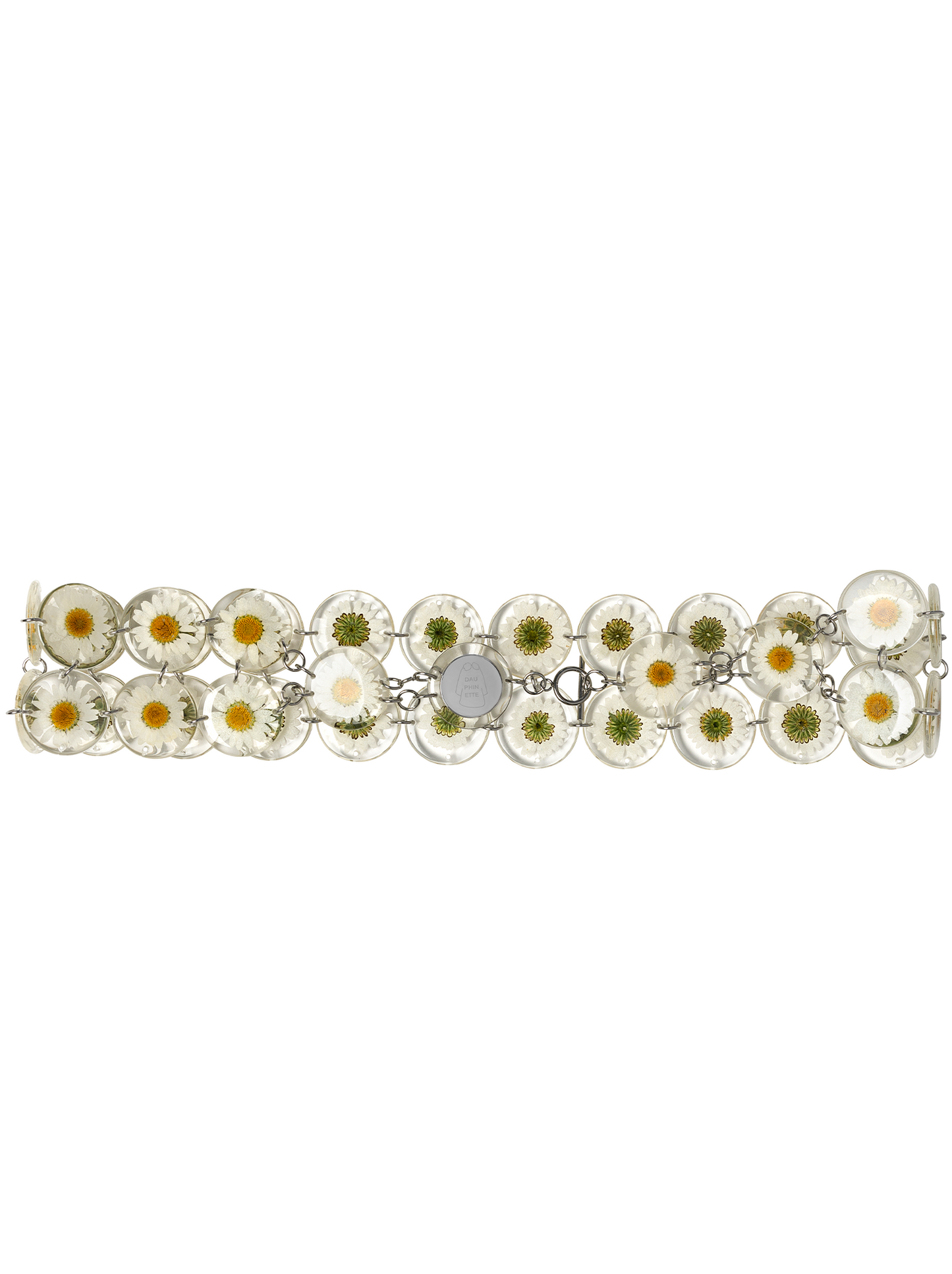 Chainmaille belt made of two rows of daisies preserved in round resin charms connected by silver jump rings.