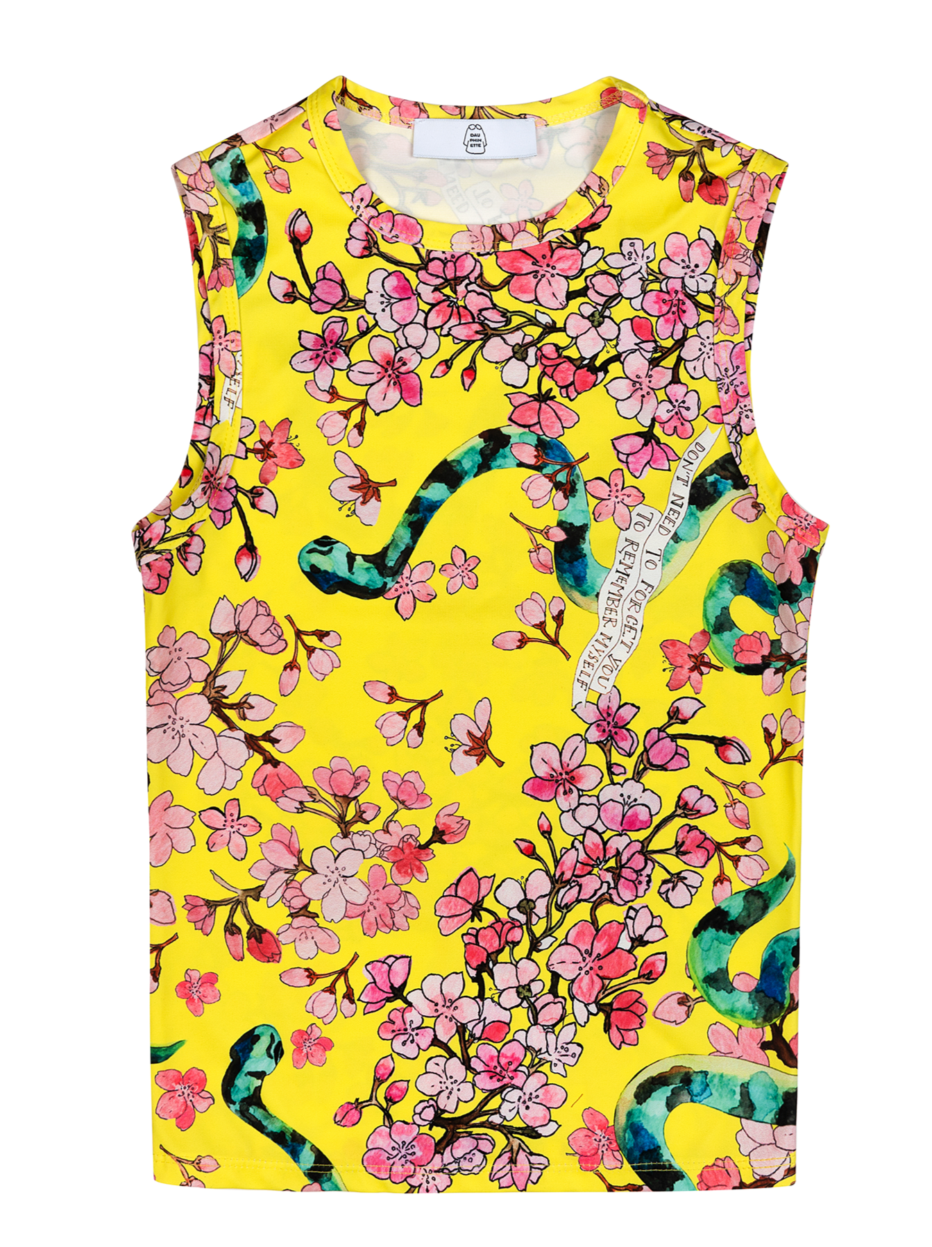 Our signature high neck tank in Electric Cherry Blossoms recycled jersey.