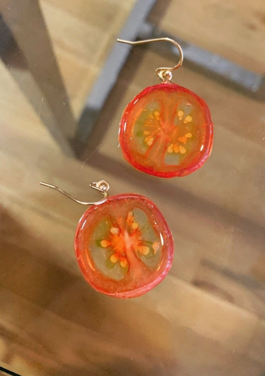 Resin Coated Slices of Red Baby Heirloom Tomatoes on French Hook EarringsResin Coated Slices of Red Baby Heirloom Tomatoes on Stud Earrings