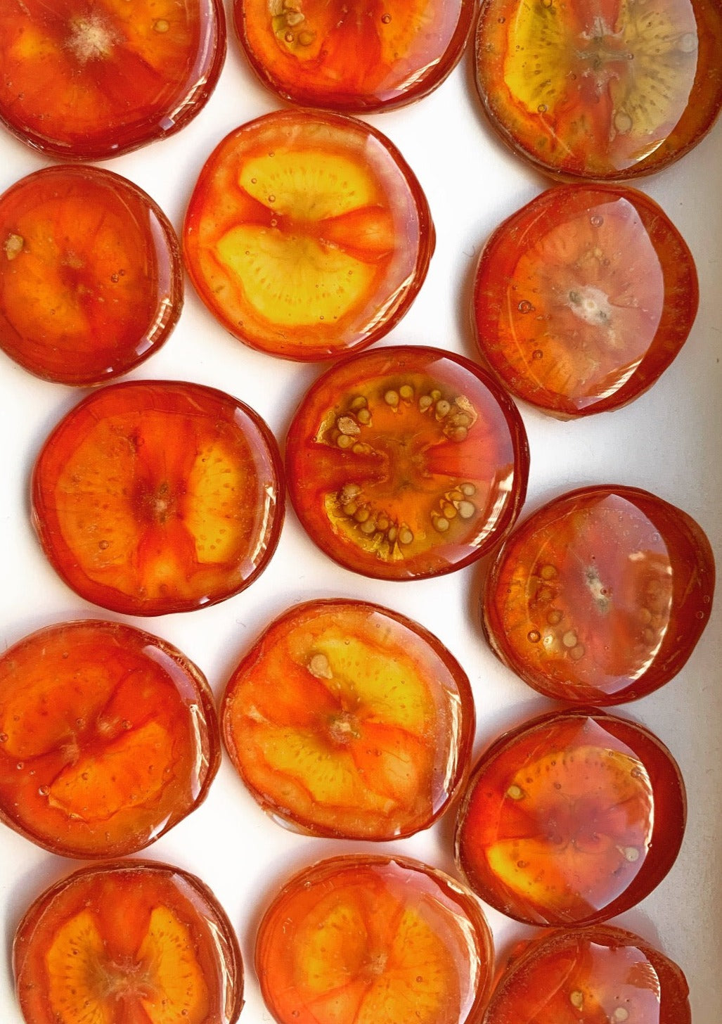 Resin Coated Slices of Red Baby Heirloom Tomatoes on Stud Earrings